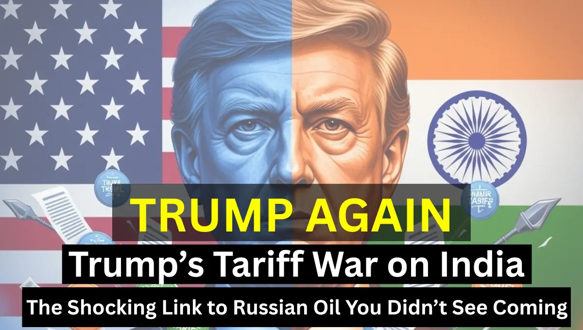 Donald Trump pointing sternly in front of split U.S. and Indian flags, with a Russian oil barrel between them—symbolizing rising geopolitical trade tensions.