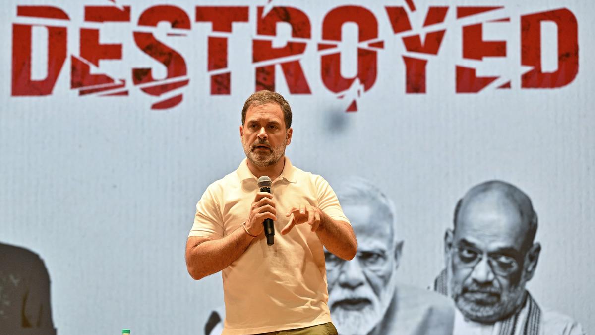 Rahul Gandhi delivering a powerful speech exposing voter fraud and accusing the Election Commission during a press conference in 2025