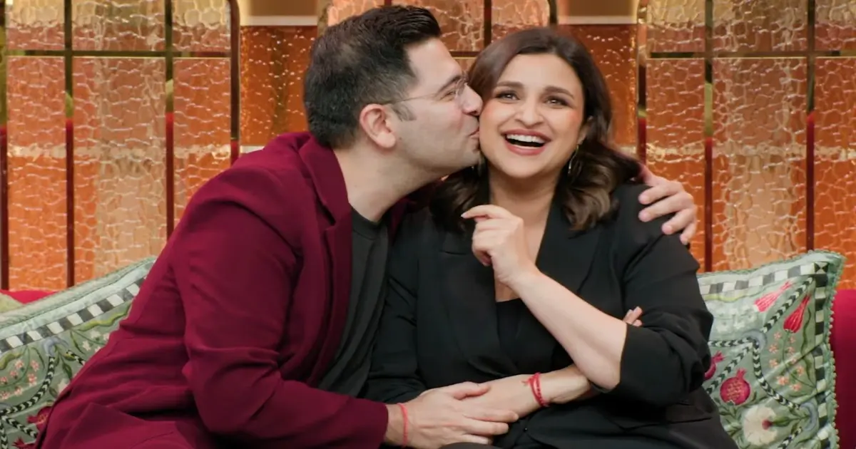 Raghav Chadha kissing on The Kapil Sharma Show, Parineeti Chopra surprised reaction, celebrity couple on couch